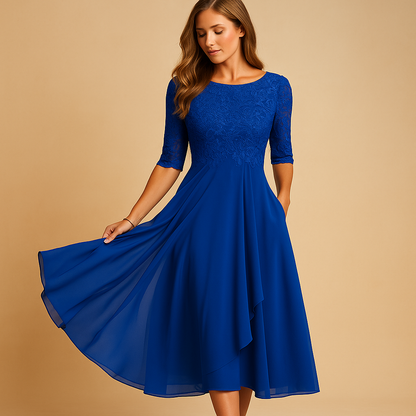 Women’s lace top asymmetric midi dress with layered skirt and elbow-length sleeves, perfect for cocktail parties and elegant occasions.