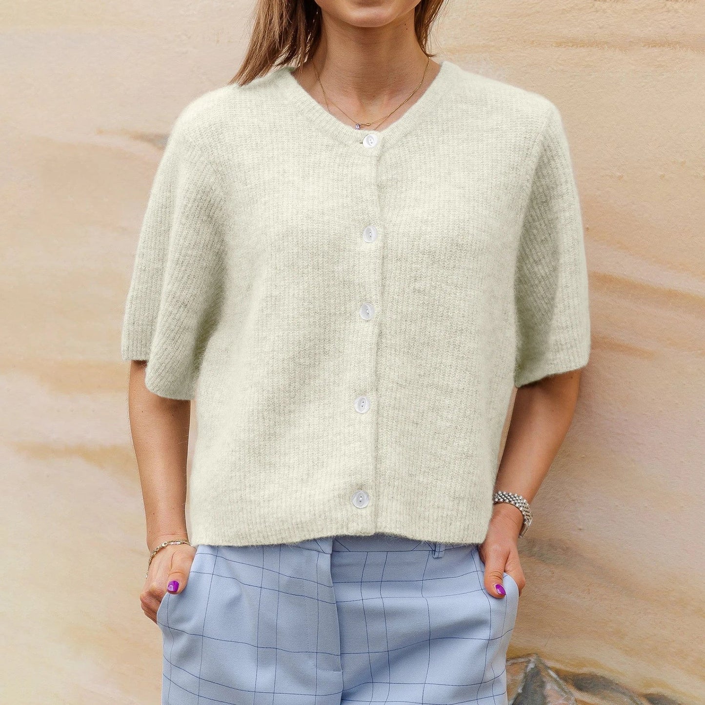 Women's Short Sleeve Button Down Cardigan - Vonnera
