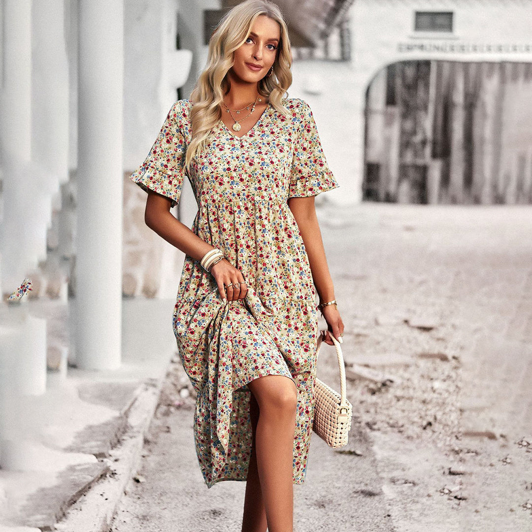 Lauren Women's V-Neck Ruffle Midi Dress - Vonnera