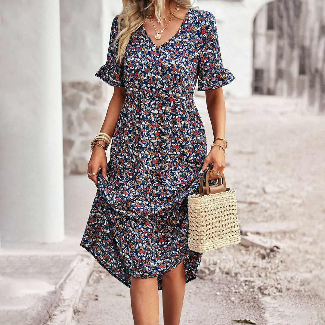 Image of Lauren | Women's V-Neck Ruffle Sleeve Midi Dress