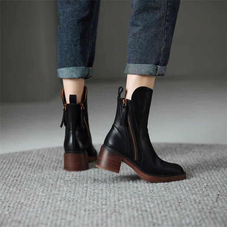 Women's Block Heel Boots Side Zipper Closure