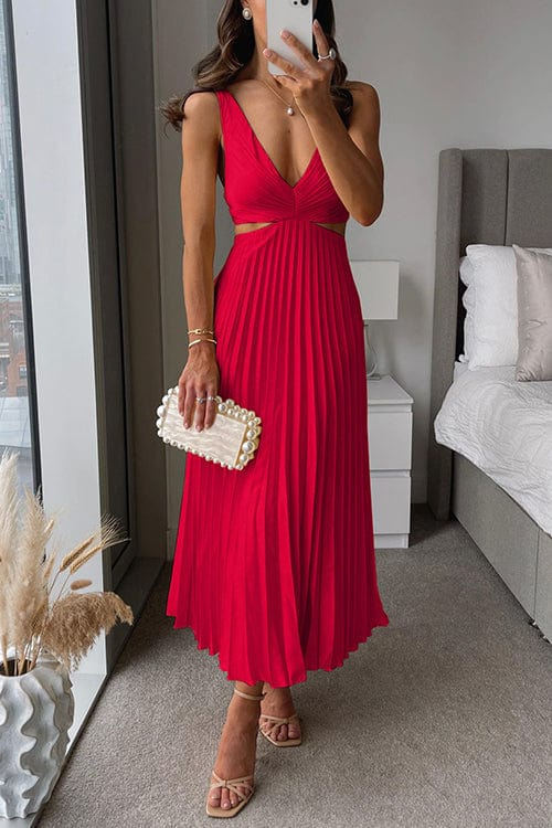 Image of Leila | Women's V-Neck Pleated Midi Dress