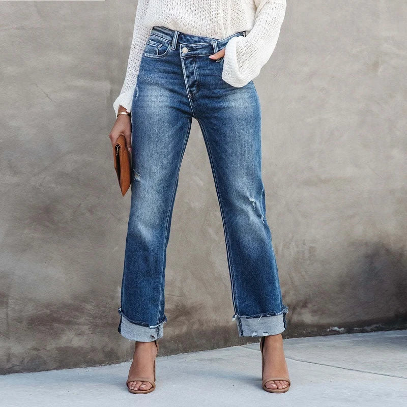 Lena Women's High Waisted Cuffed Jeans - Vonnera