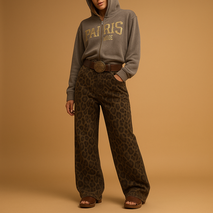 Women’s leopard print slim fit jeans with a flattering silhouette and bold animal print design, perfect for casual outfits or stylish evening looks.