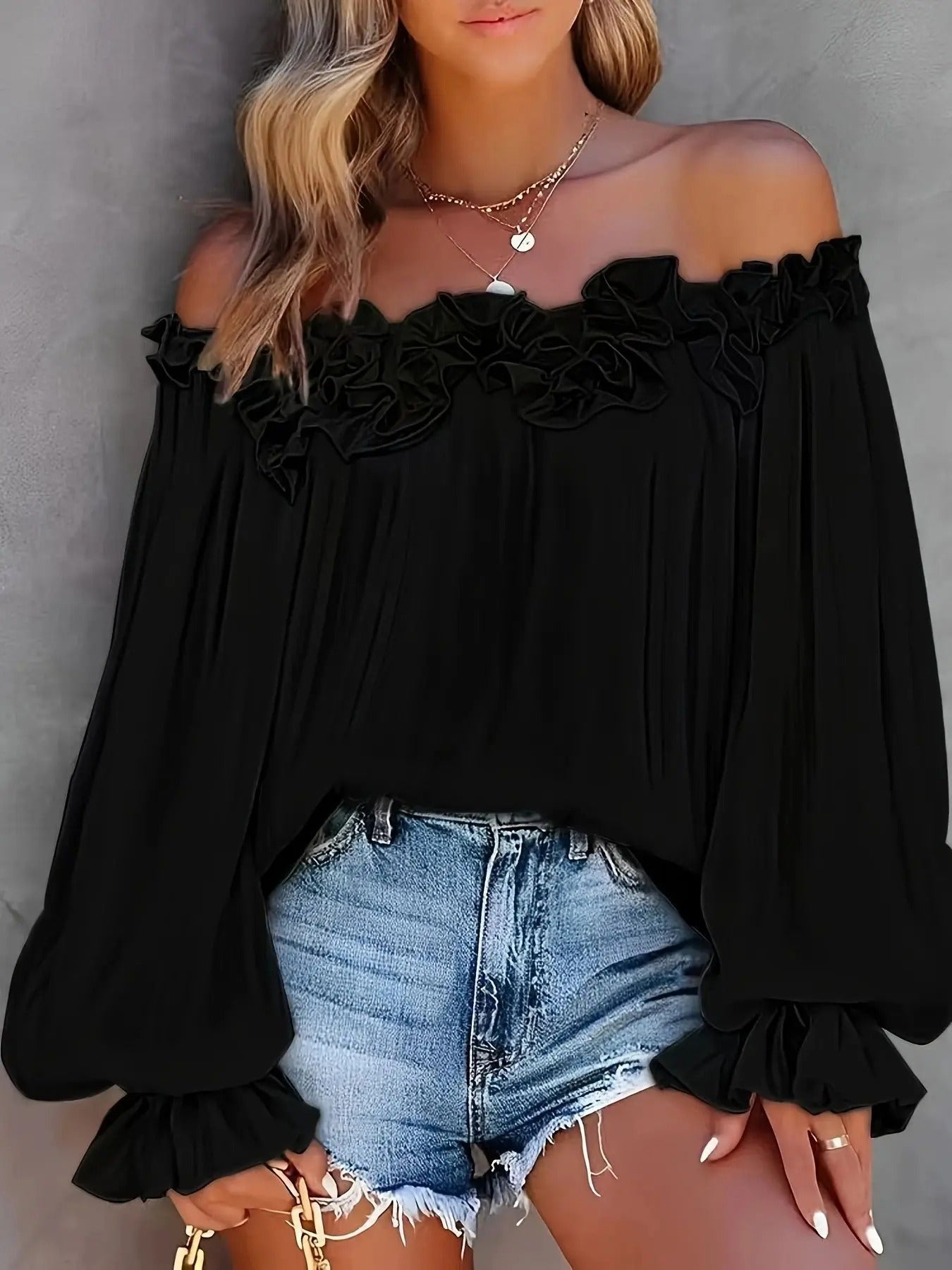 Libby | Women's Off-the-Shoulder Long Sleeve Fringe Blouse - Image 2