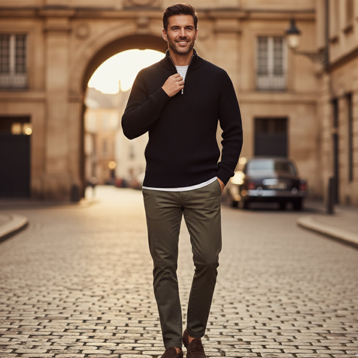 Men's Quarter Zip Sweater Ribbed Knit Casual