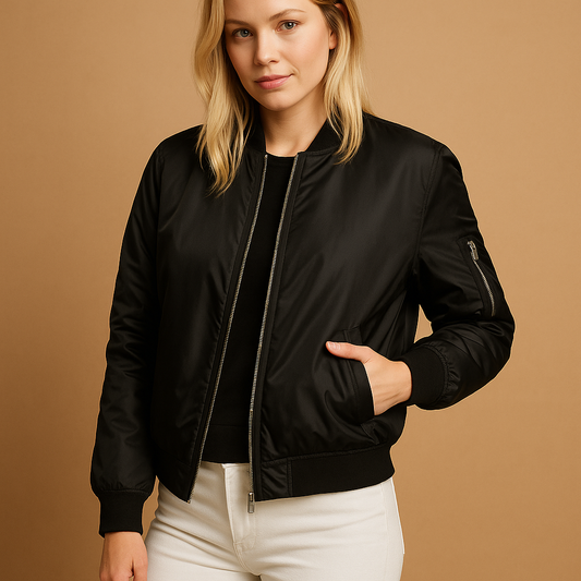Woman wearing a lightweight bomber jacket with zipper and side pockets, ideal for warm weather and everyday summer outfits.