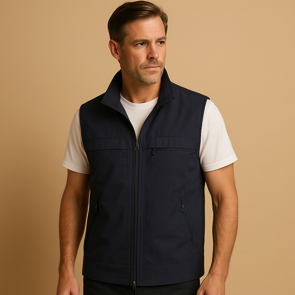 Lightweight outdoor utility vest for men with breathable mesh fabric and multiple pockets, ideal for hiking, fishing, camping, and outdoor adventures.