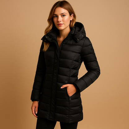 Woman wearing a lightweight padded puffer jacket with natural insulation and a modern quilted design, ideal for cool mornings and stylish everyday wear.