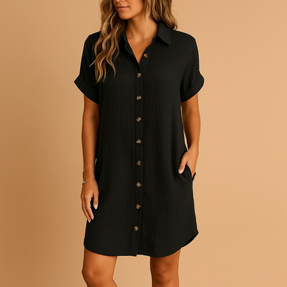 Lightweight shirt style midi dress for women with button front and relaxed fit, ideal for summer vacations and casual outings.