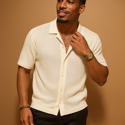 Lightweight short sleeve summer shirt for men in beige with a breathable design and comfortable fit, ideal for beach days, vacations, and casual summer outfits.