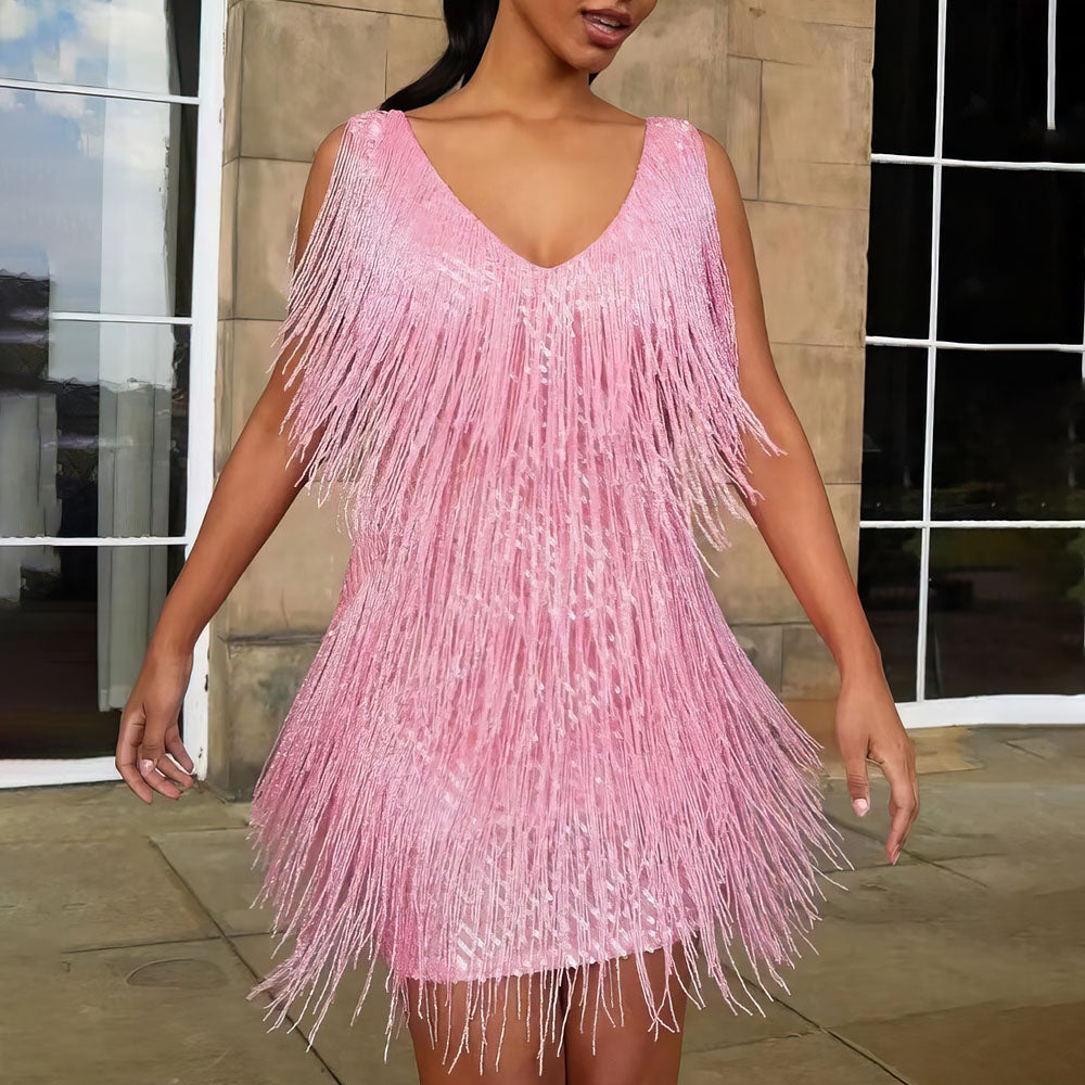 Image of Lilly | Women's V-Neck Mini Fringe Dress