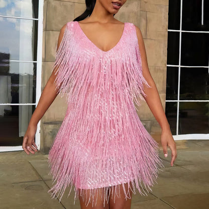 Image of Lilly | Women's V-Neck Mini Fringe Dress