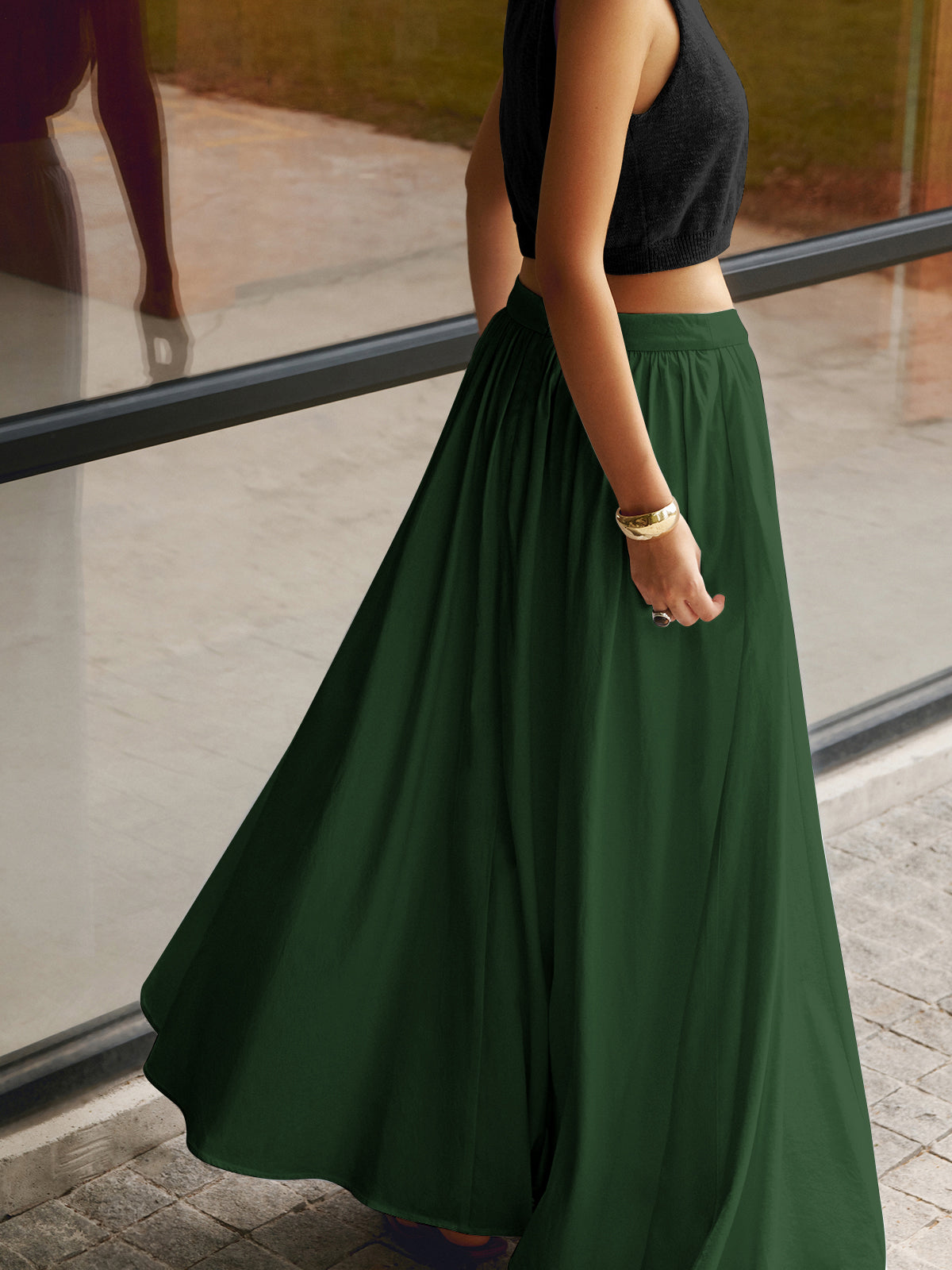 Women's High Waist Pleated Maxi Skirt With Pockets
