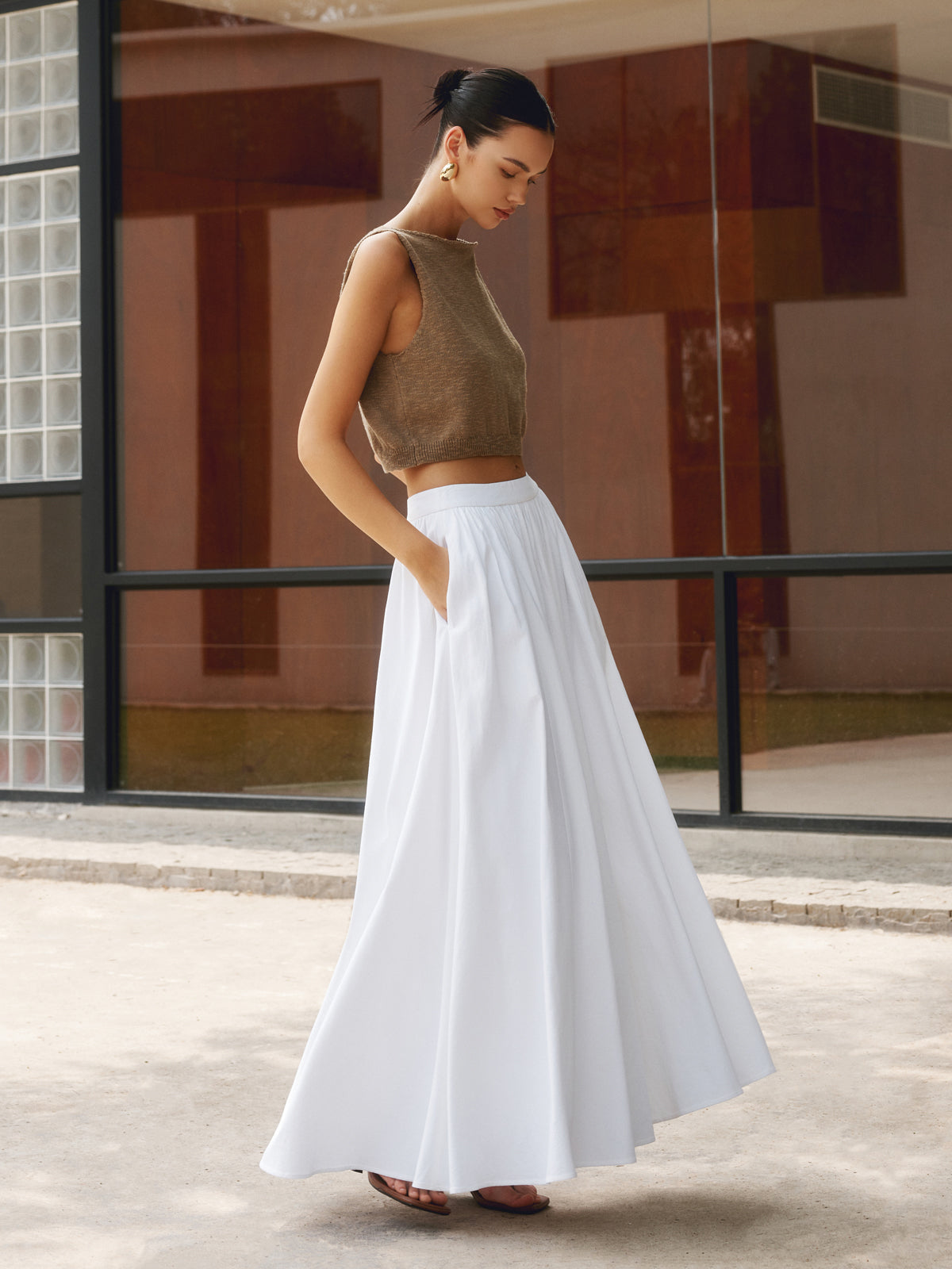 Women's High Waist Pleated Maxi Skirt With Pockets - Vonnera
