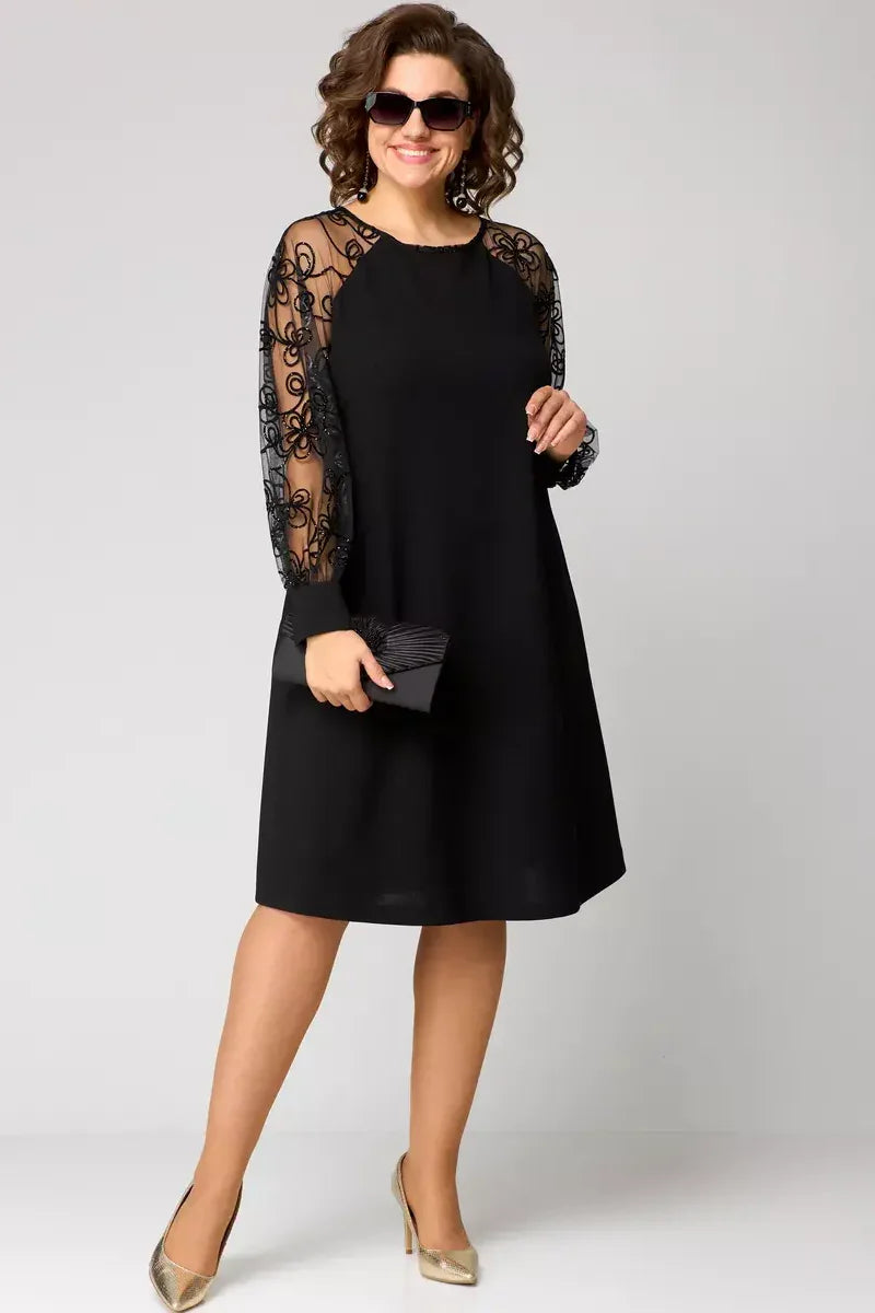 Women's A-Line Midi Dress Sheer Sleeves - VibreMode