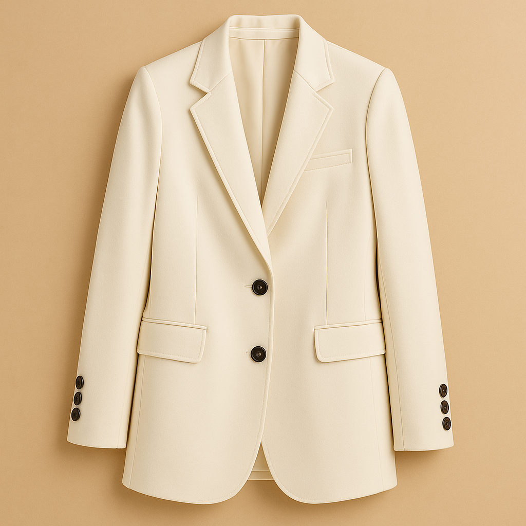 Long women’s blazer with a timeless silhouette and modern details in classic neutral tones, perfect for formal and casual outfits.