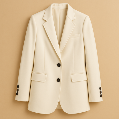 Long women’s blazer with a timeless silhouette and modern details in classic neutral tones, perfect for formal and casual outfits.
