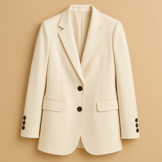 Long women’s blazer with a timeless silhouette and modern details in classic neutral tones, perfect for formal and casual outfits.