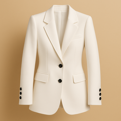 Long women’s blazer with a timeless silhouette and modern details in classic neutral tones, perfect for formal and casual outfits.