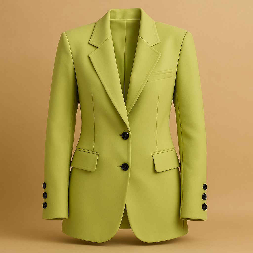 Long women’s blazer with a timeless silhouette and modern details in classic neutral tones, perfect for formal and casual outfits.