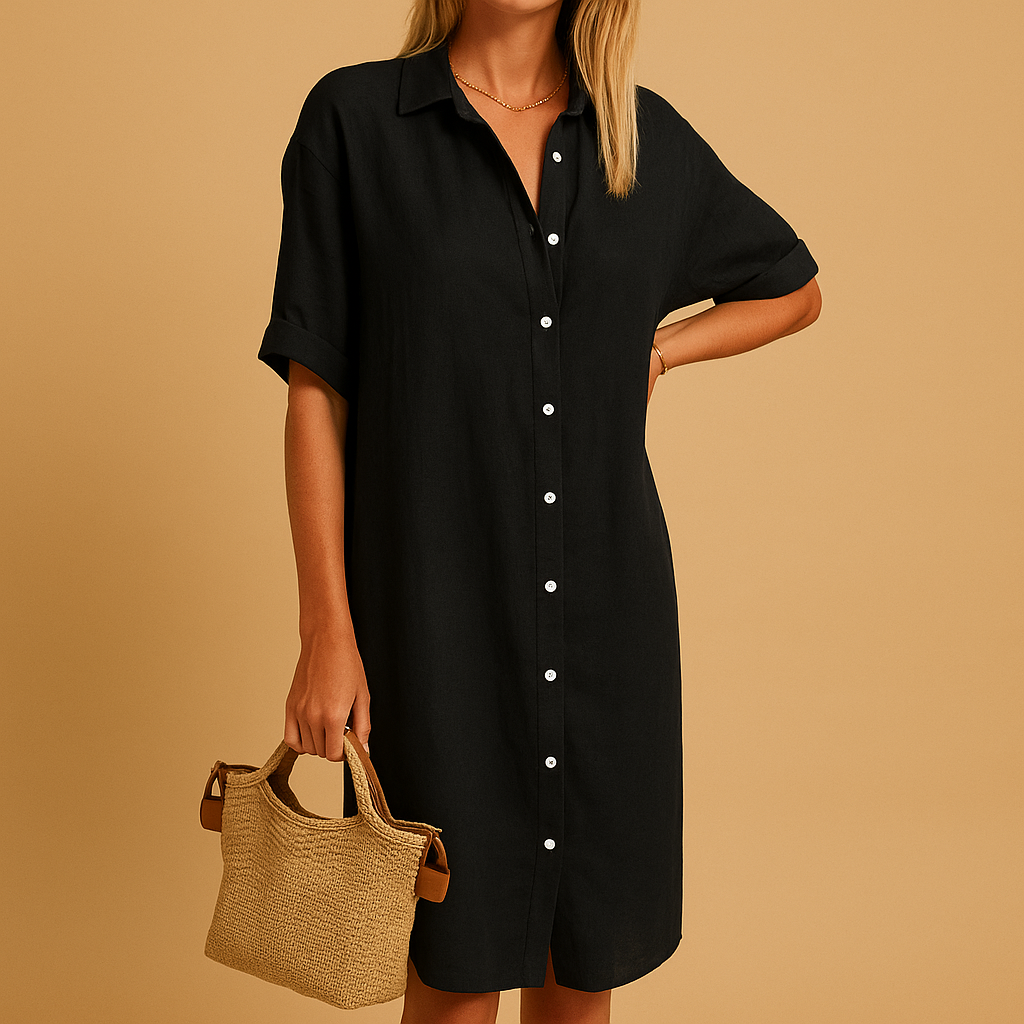 Women’s long button-up shirt dress with short sleeves and loose fit, perfect for summer outfits, casual wear, work days, and everyday styling.