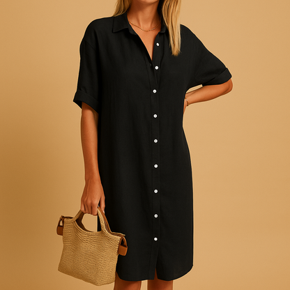 Women’s long button-up shirt dress with short sleeves and loose fit, perfect for summer outfits, casual wear, work days, and everyday styling.
