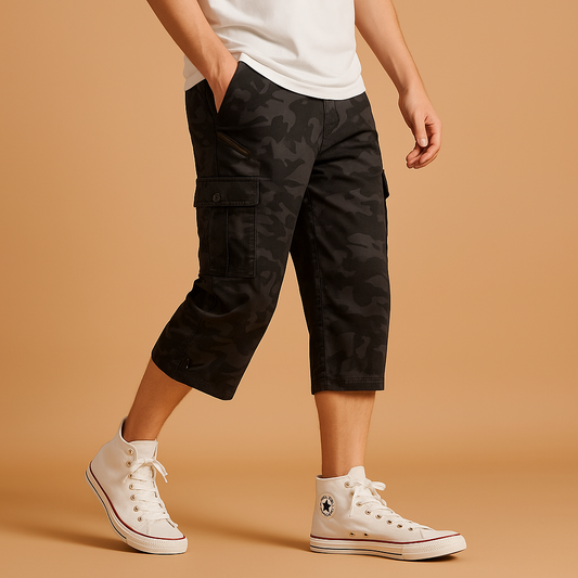 Men’s long cargo shorts with multiple pockets, ideal for outdoor activities, travel, and casual summer outfits.