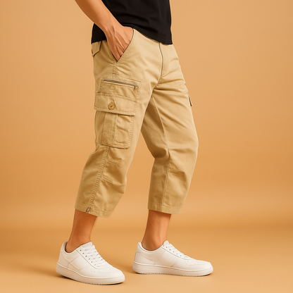 Men’s long cargo shorts with multiple pockets, ideal for outdoor activities, travel, and casual summer outfits.