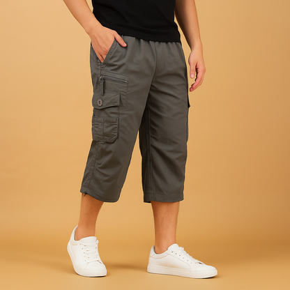 Men’s long cargo shorts with multiple pockets, ideal for outdoor activities, travel, and casual summer outfits.