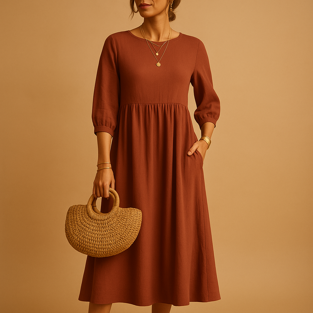 Long casual maxi dress with round neck for women in solid color, ideal for everyday wear and casual chic outfits in spring and summer.