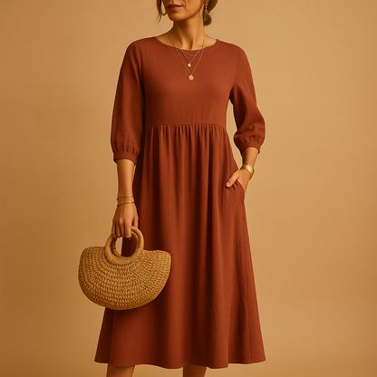 Long casual maxi dress with round neck for women in solid color, ideal for everyday wear and casual chic outfits in spring and summer.