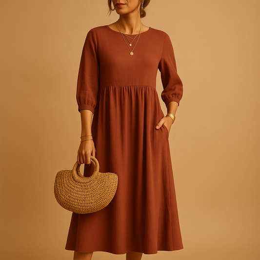 Long casual maxi dress with round neck for women in solid color, ideal for everyday wear and casual chic outfits in spring and summer.