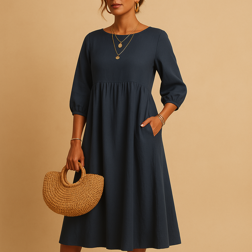 Long casual maxi dress with round neck for women in solid color, ideal for everyday wear and casual chic outfits in spring and summer.