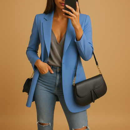 Long elegant blazer for women with a slim tailored fit and luxurious look, available in multiple classic colors.