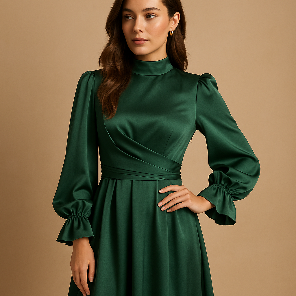 Women’s long elegant dress with accent waist belt and long sleeves in deep green, perfect for weddings, gala events, and formal evening occasions.