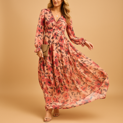 Long floral summer dress with V-neck for women in lightweight breathable fabric, ideal for beach days, casual outings, and summer parties.