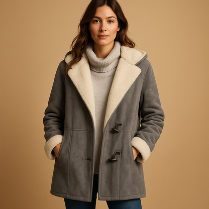 Women’s long hooded winter coat with insulating fabric and modern fit, ideal for cold-weather casual or dressed-up outfits.
