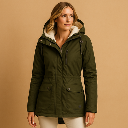 Woman wearing a long insulated winter coat with an elegant silhouette, ideal for cold days, casual outings, and formal occasions.