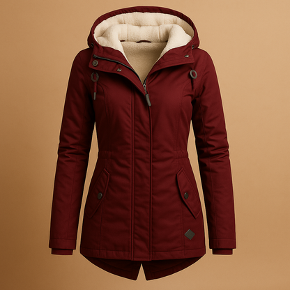 Woman wearing a long insulated winter coat with an elegant silhouette, ideal for cold days, casual outings, and formal occasions.