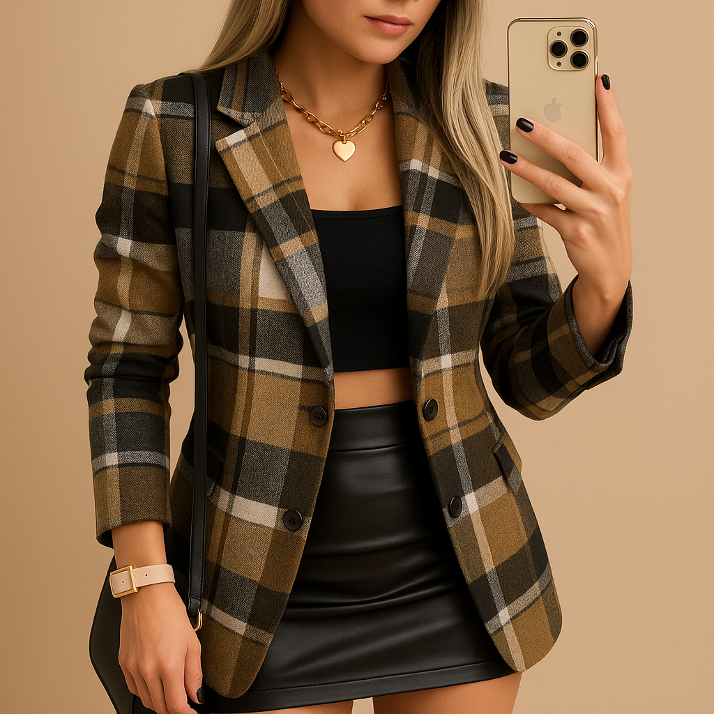 Women’s long quilted blazer with check pattern, button closure, and warm lining, ideal for winter days and both casual and formal outfits.