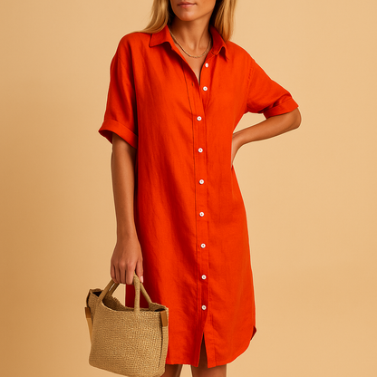 Women’s long shirt dress with short sleeves and a loose fit, perfect for summer days, work, casual outings, and parties.