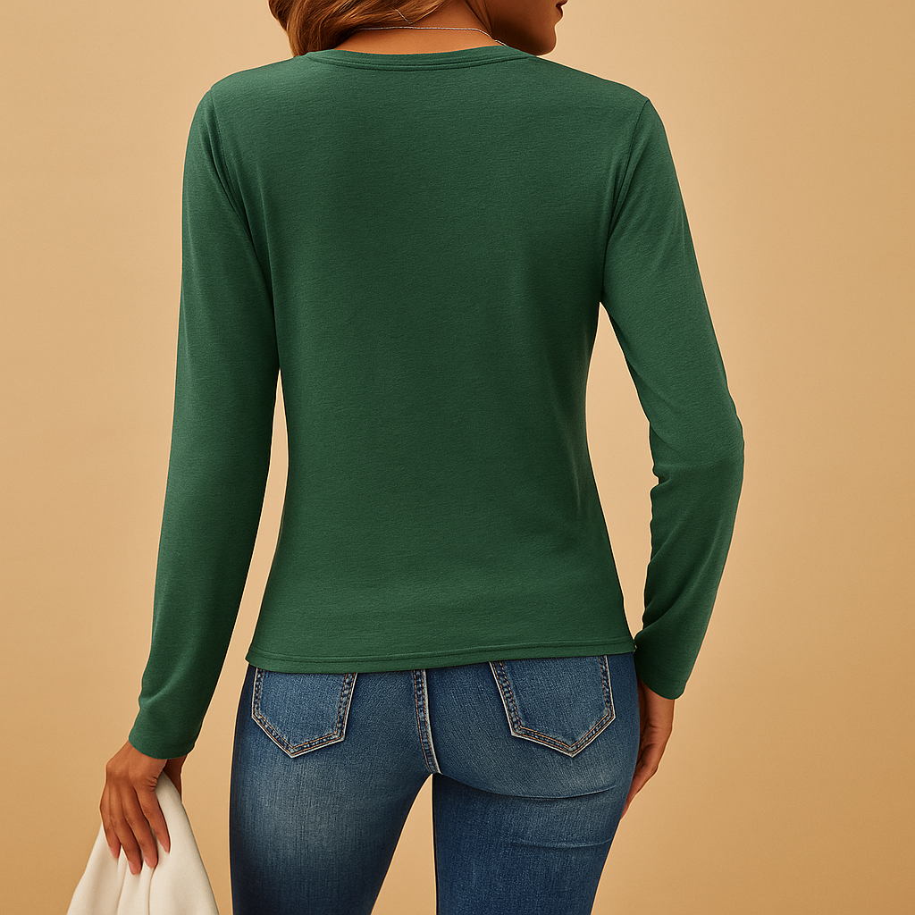 Women’s long-sleeve V-neck shirt in brown, black, or green with a classic fit, ideal for casual and work outfits.