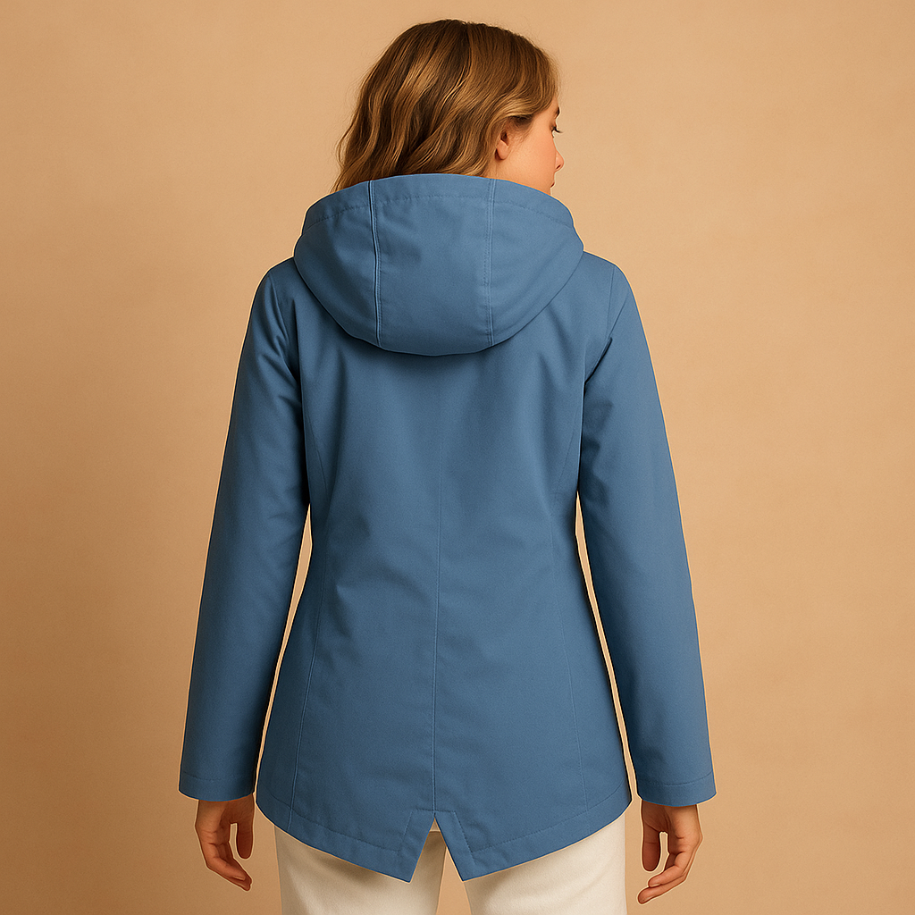 Women’s long waterproof raincoat with hood, breathable fabric, and lightweight design for stylish everyday rain protection.