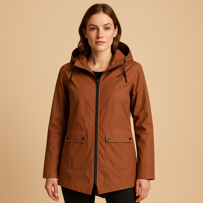 Women’s long waterproof raincoat with hood, breathable fabric, and lightweight design for stylish everyday rain protection.