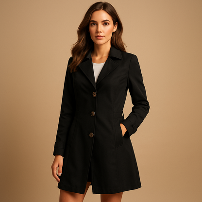 Long windproof raincoat for women with adjustable waist, hood, and breathable lining, available in black, ivory, khaki, and pink. 