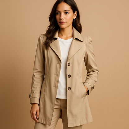 Long windproof raincoat for women with adjustable waist, hood, and breathable lining, available in black, ivory, khaki, and pink. 