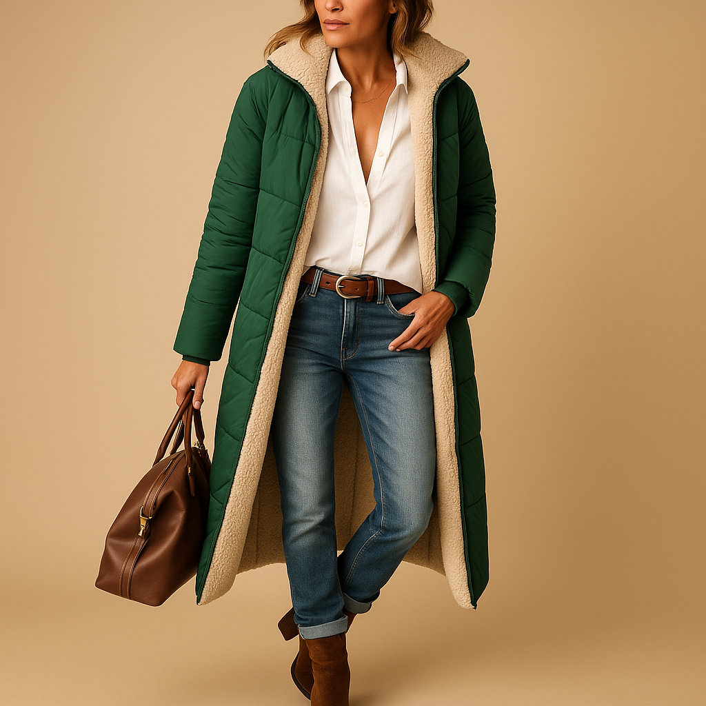 Woman wearing a long insulated winter coat with a modern silhouette, ideal for work, commuting, and winter outings.
