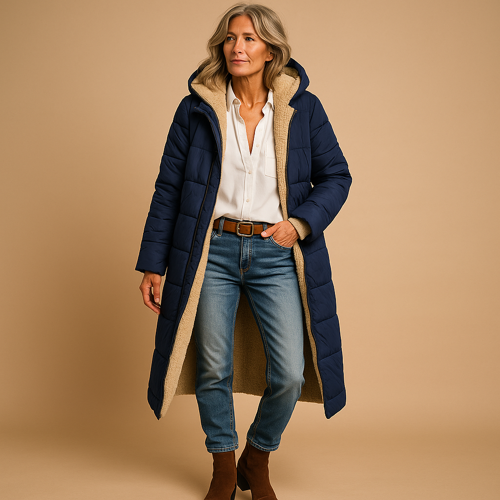 Woman wearing a long insulated winter coat with a modern silhouette, ideal for work, commuting, and winter outings.