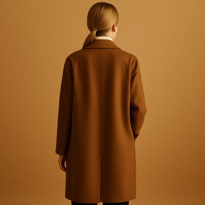 Long winter coat for women with a tailored fit, neutral colors, and a classic design suitable for casual and formal outfits.